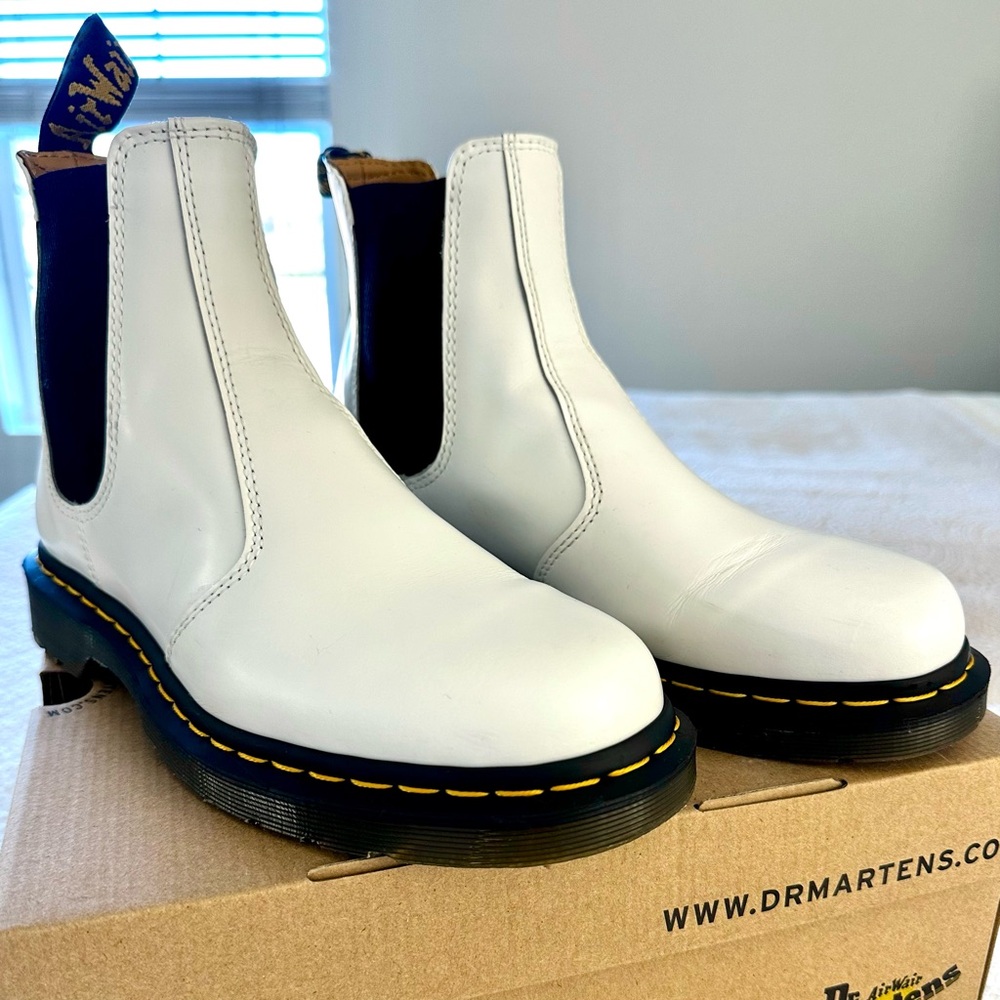 Dr. Martens White Chelsea Boots with Black Sole and Yellow Stitching